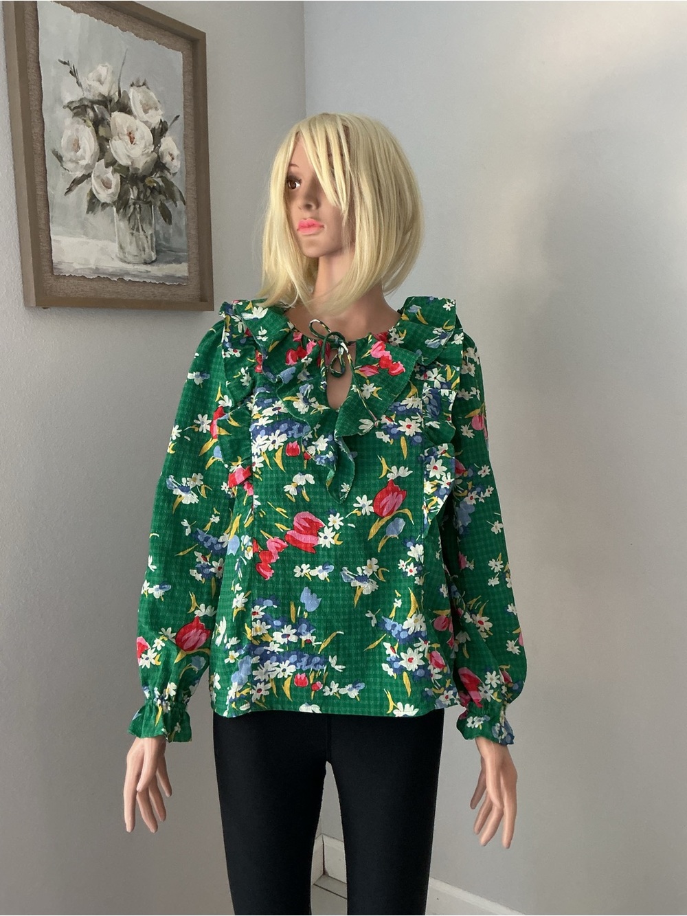 LOFT Green Floral Ruffle Tie-Neck Blouse